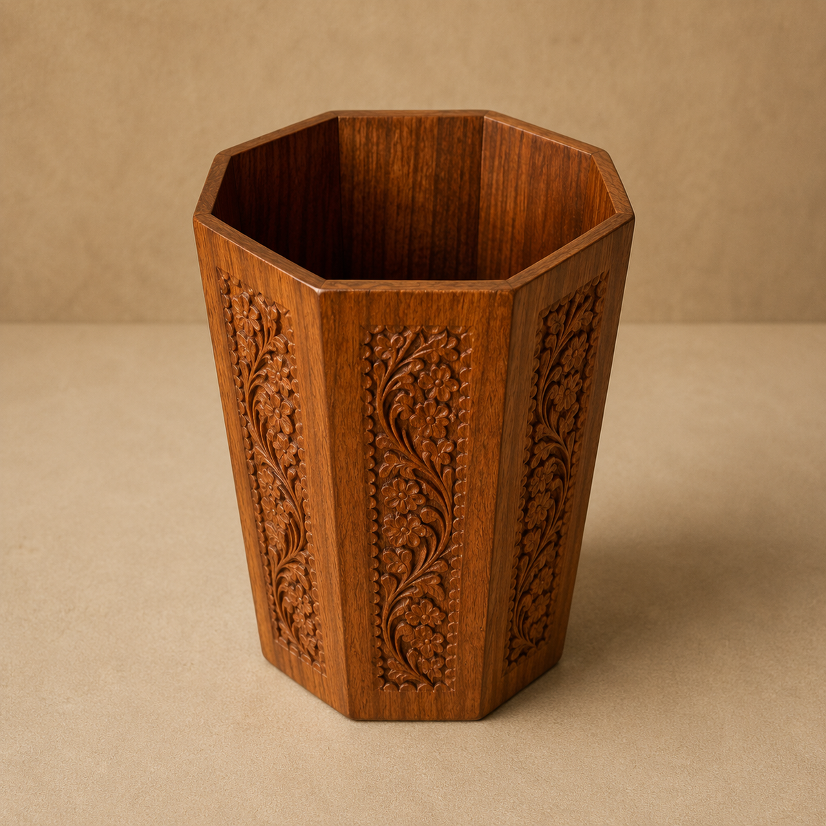 Carved Wooden Dustbin – Handcrafted Decorative Wooden