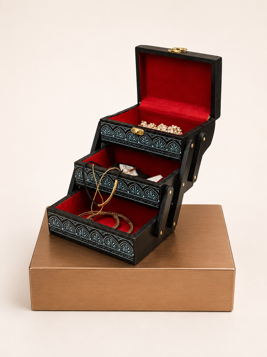 Handcrafted Naqshi Art Wooden Jewelry Box(3 Tier)