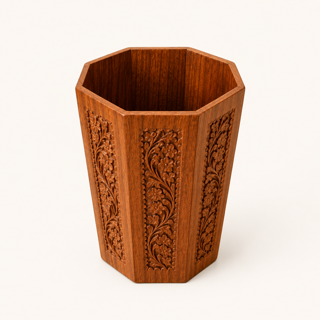 Carved Wooden Dustbin – Handcrafted Decorative Wooden